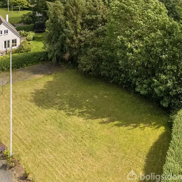 Græsplæne strækker sig i forhaven af en hvid bolig med mørkt tag, omgivet af træer og andre huse i et villakvarter under en blå himmel.