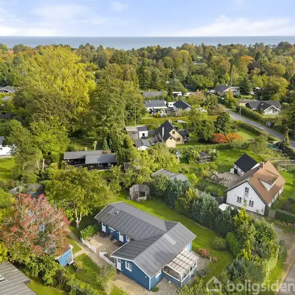 Huse ligger spredt blandt frodige træer og haver i et boligområde. En vej snor sig gennem landskabet. Skov og horisont danner en naturskøn baggrund.