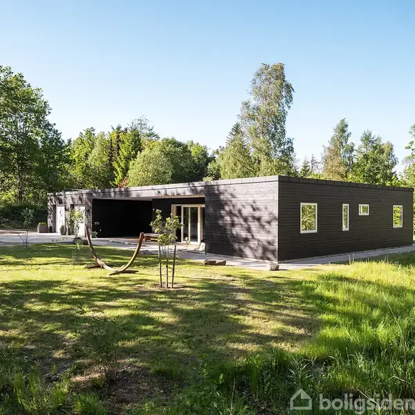 Moderne, én-etagers hus står på græsplæne med omgivende træer og blå himmel. Mørkt træpaneler, store vinduer, og bred terrasse. Sollys skaber skygger på plænen.