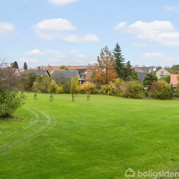 En grøn græsplæne strækker sig ud mod en række huse i baggrunden, omgivet af træer og buske, under en blå himmel med hvide skyer.