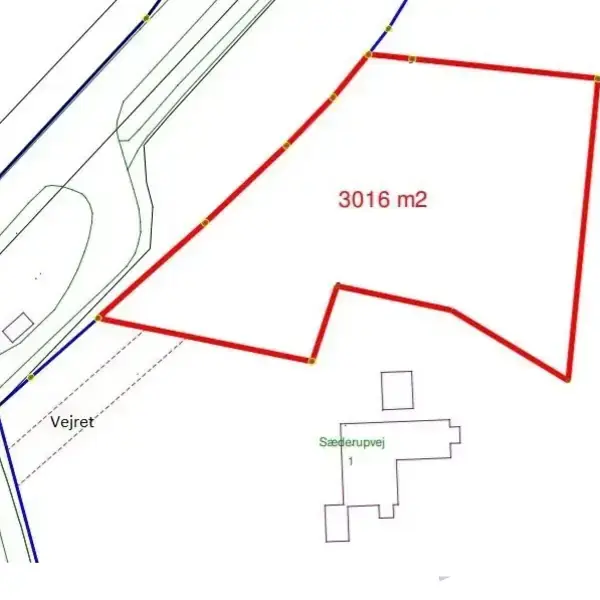 Kort viser en grund på 3016 m2 indrammet i rødt. Til venstre er vejen "Vejret" markeret. Nederst er bygningen "Sønderupvej 1" angivet.