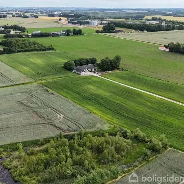 En gård ligger midt på en stor, grøn mark med lange grusveje omgivet af træer og marker med afgrøder. Bygninger og pløjemarker ses i horisonten.