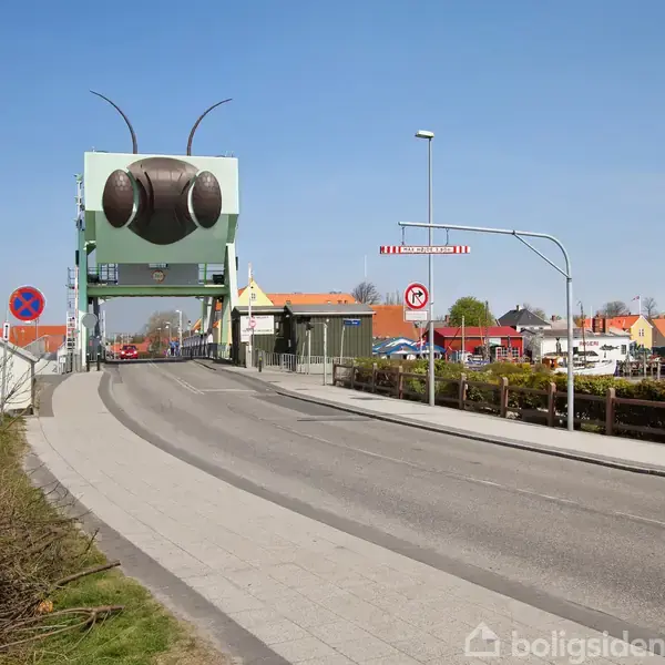 En stor, grøn bro med et design som et insekt krydser vejen i et bymiljø med farverige huse. Der er veje og fortov med bevoksning omkring.