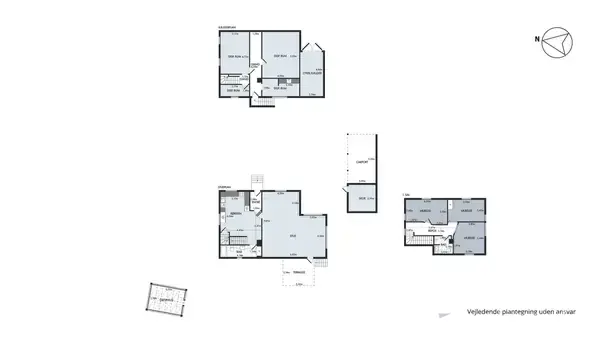En plantegning viser et hus med flere rum i forskellige etager, herunder stuer, soveværelser og badeværelser. Teksten "Vejledende placering uden ansvar" ses nederst i billedet.