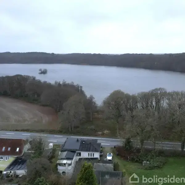 Huse står stille ved en vej foran en stor sø, der er omgivet af skovklædte bakker på en overskyet dag.