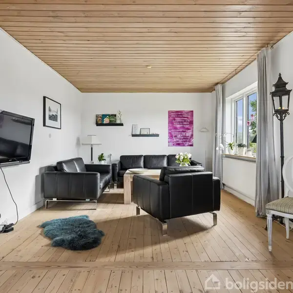 Sort sofaarrangement står i en stue med trægulve og hvidmalede vægge. Et TV er monteret på væggen til venstre. Et vindue til højre slipper naturligt lys ind.