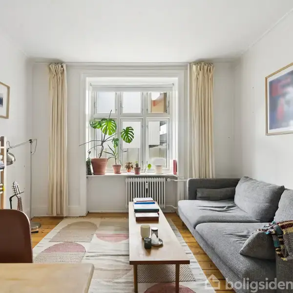 Et stueområde med en grå sofa står mod en væg, et sofabord foran den. En reol fyldt med bøger til venstre, og potteplanter ved et vindue med lyse gardiner.