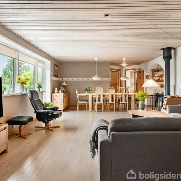 Stue med grå sofa i forgrunden, tv til venstre, spisebord og stole i baggrunden. Store vinduer slipper lys ind fra venstre. Brændeovn i højre hjørne.