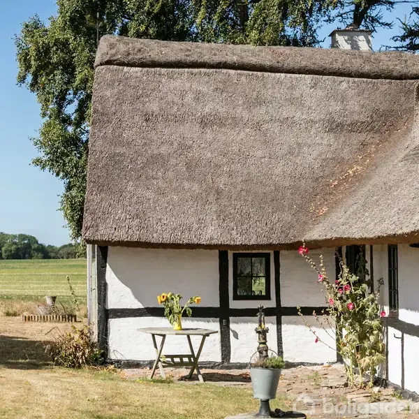 Et bindingsværkshus med stråtag står stille i et landligt område. Et lille havebord med solsikker ses foran huset, omgivet af åbne marker og træer i baggrunden.