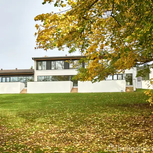 Hus med fladt tag og store vinduer ligger på en græsplæne dækket af efterårsblade. Træer med gule blade omkranser stedet.