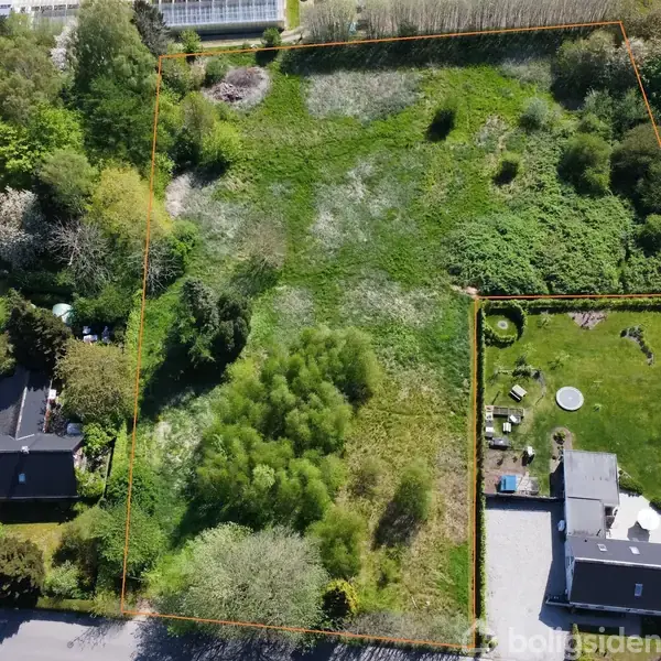 Grønt område omkranset af orange linje viser et stort græsareal med spredte buske og træer. Omkring området er der huse og små haver på en solrig dag.