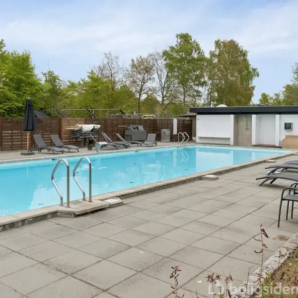 Swimmingpool med stillestående vand omgivet af liggestole og borde. Træhegn og grønt løv i baggrunden, samt en lille bygning ved poolens ende. Solrig dag.