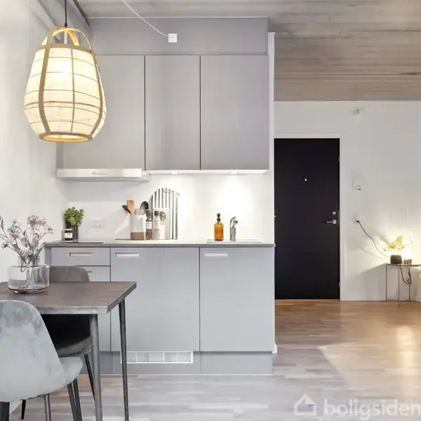 Et moderne køkken med grå skabe og bordplade, hvorpå står køkkenredskaber og planter. I baggrunden ses en åben entré og et rum med seng og lampe.