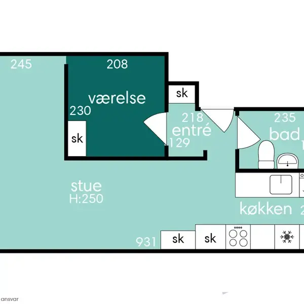 Plantegning over en lejlighed med et værelse, stue, køkken og badeværelse. Entréen forbinder til stue og køkken, mens værelse og bad ligger ved siden af. Skabe (sk) er markeret.