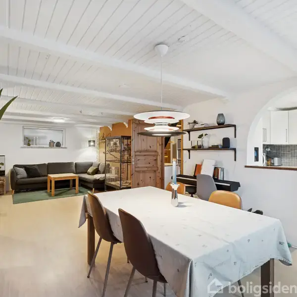 Spisebord med fire stole står i et lyst rum, dekoreret med planter og en pendantlampe. I baggrunden er der en sofa med et sofabord. Køkkenet ses til højre.