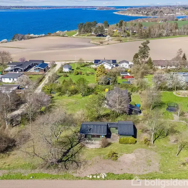 Luftfoto over landskab viser huse spredt i et grønt område med marker. I baggrunden ses en stor blå sø eller hav.