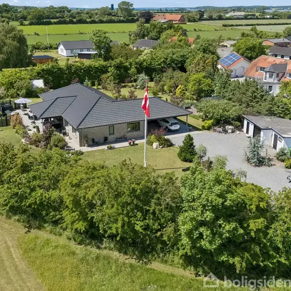 Et modernistisk hus med sort tag står som hovedobjekt, omgivet af grønne buske og træer. Det danske flag vajer foran huset. Omgivelserne er en landlig udstykning med flere huse.
