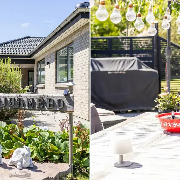 Hus omgivet af have med skilt "INDNÆBO" foran. Terrassebord dekoreret med rødt fad og lyskæde hængende over, grill i baggrunden. Grønne planter og træer rundt om.