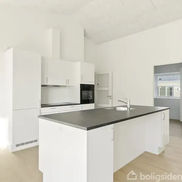 Køkken med hvidt interiør og sort køkkenø, stående i et rum med træplankegulv. Døren og vinduet i baggrunden giver udsigt til bygningstag.