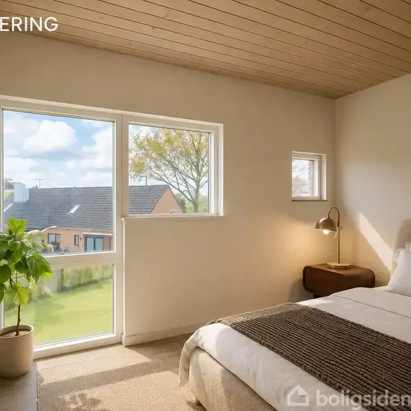 Et soveværelse har en seng med sengetæppe og puder. En lampe står på natbordet ved siden af. Store vinduer viser en have og bygninger udenfor. Tekst: "VISUALISERING".