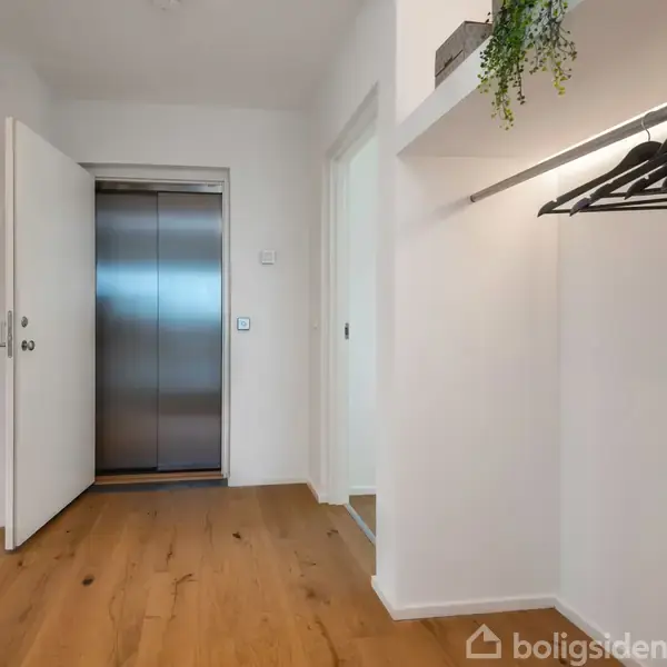 En åben gang med trægulv, en elevator med ståldøre i baggrunden, og til højre en bøjlestang med sorte bøjler og en hængende plante på en hylde.