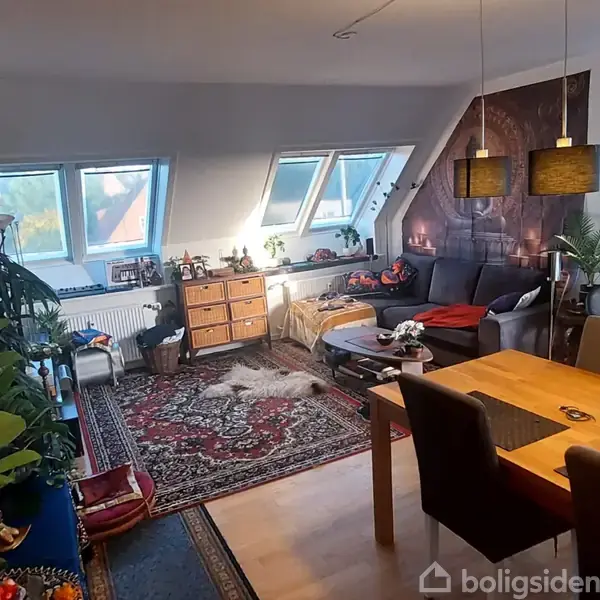 Stue med sofa og spisebord, dekoreret med planter og farverige tæpper. Store skråvinduer giver naturligt lys. Væggene har billeder og reoler med pynt.