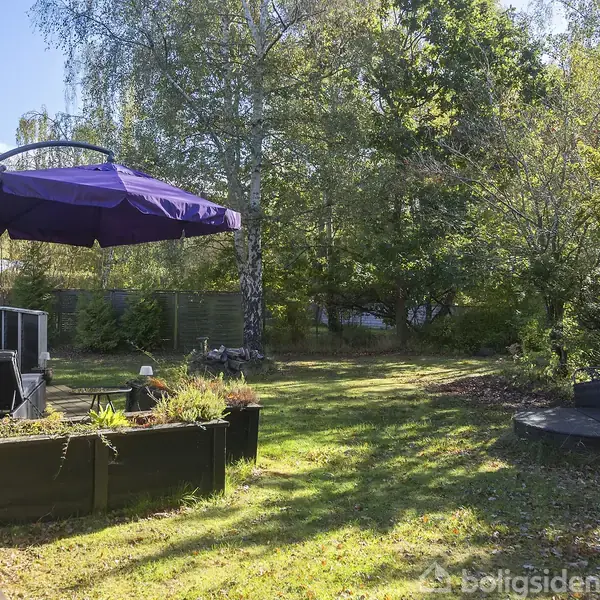 En stor have med grøn græsplæne og omkransende træer. En terrasse har en hængeparasol i lilla og sorte møbler. En rund bænk står til højre for terrassen.