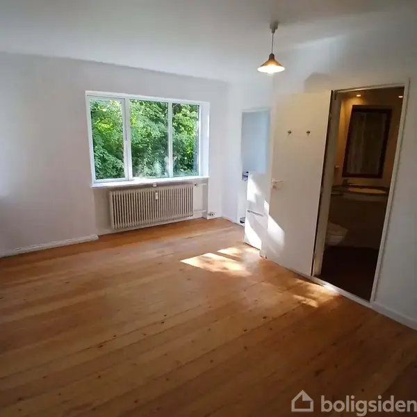 Et lyst, tomt værelse med trægulv og store vinduer. Udsigt til grønne træer udenfor. Til højre er en åben dør til et badeværelse. Radiator under vinduet.
