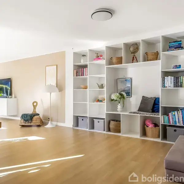 Reol med bøger og dekorationer opstillet mod en væg. I sidekonteksten ses en moderne stue med sofa, gulvlampe og tv. Lyse trægulve og hvid vægmaling præger rummet.