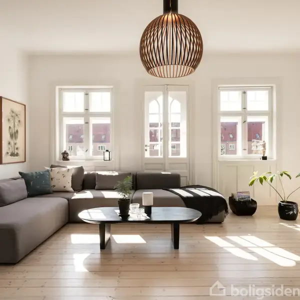 Grå sofa står i lys stue. Rundt sofabord med planter, stor lampeskærm hænger over bordet. Væggene har kunstværk, vinduer lader sollys skinne på lyse trægulve.