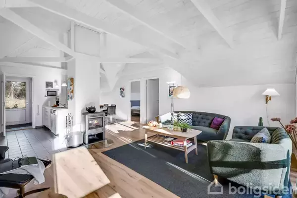 Stue med sofa og sofabord indrettet i et lyst rum, stort tæppe og lamper. Køkken ses i baggrunden, sammen med en ovn. Vinduet i baggrunden viser natur udenfor.