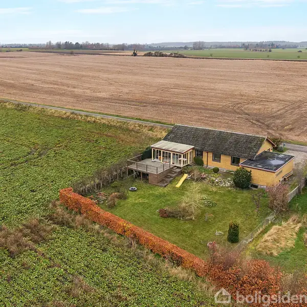 Et enkelt hus med en veranda står i midten af et landligt område, omgivet af marker og en have med buske og træer.