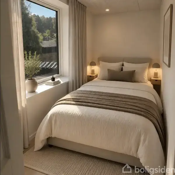 En seng er dækket med hvide sengetøj og en brun plaid, omgivet af to natlamper. Ved siden af er der et vindue med en plante og bøger på karmen.