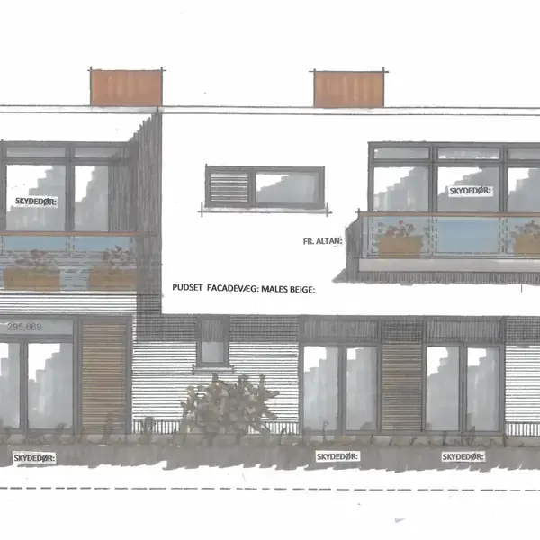 Et moderne to-etagers hus viser store vinduespartier med skydedøre. Huset har en pudset facade, malet beige. Omgivelserne inkluderer altaner, planter og skitse-elementer omkring ejendommen.