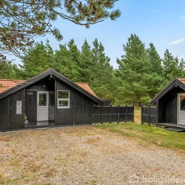 To sorte træhuse står stille omgivet af fyrretræer. Det ene hus har en hæk foran, og der er en grusvej, der fører ind mellem dem.