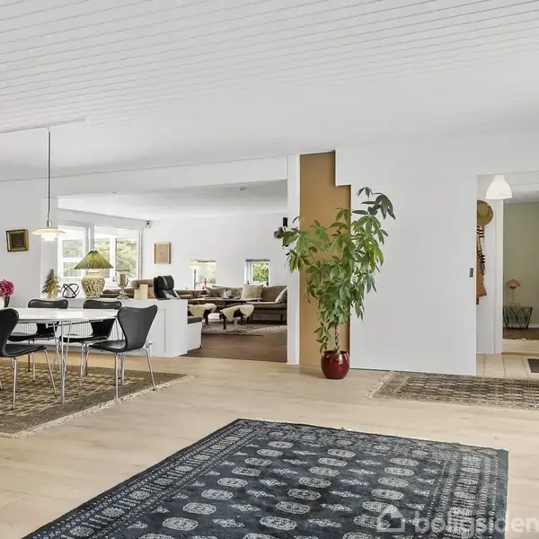 Spisebord med sorte stole står i et moderne, lyst rum. På væggen hænger lamper ned fra loftet. Planter pynter rummet, der forbinder til en hyggelig opholdsstue.