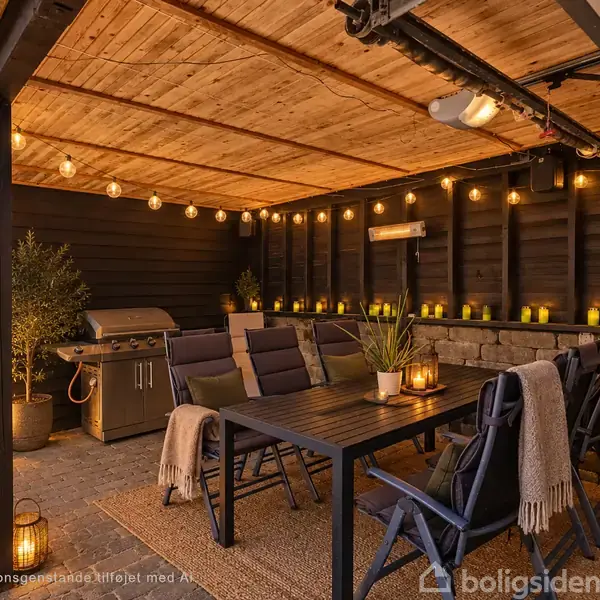 Terrasse med spisebord og stole oplyst af lyskæder og stearinlys. Grill og planter i baggrunden. Skabt en hyggelig atmosfære under et træloft med mørke trævægge. Tekst: "Eventuelle dekorationsgenstande tilhører med A".