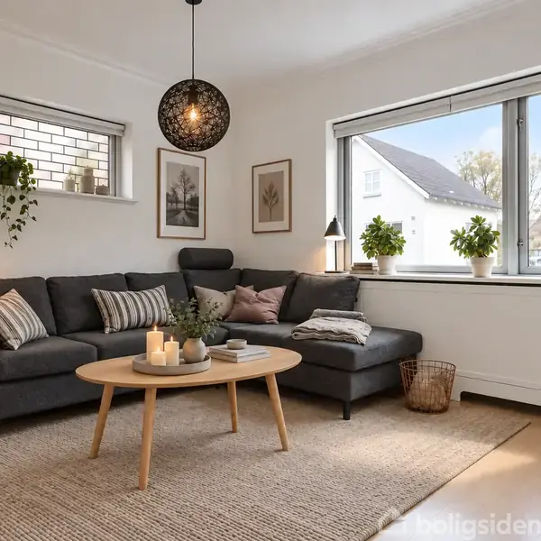 En grå sofa danner en hyggelig hjørneopstilling med pyntepuder. Et rundt træbord med lys står foran. Vægkunst og planter dekorerer det lyse rum med store vinduer.