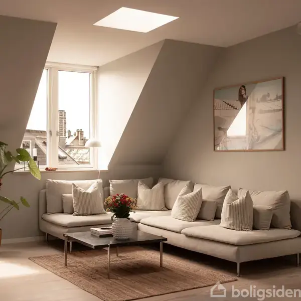 En cremefarvet sofa med puder står i et lysfyldt stuerum ved et skråvindue. En plante og et kunstværk på væggen skaber en hyggelig atmosfære.