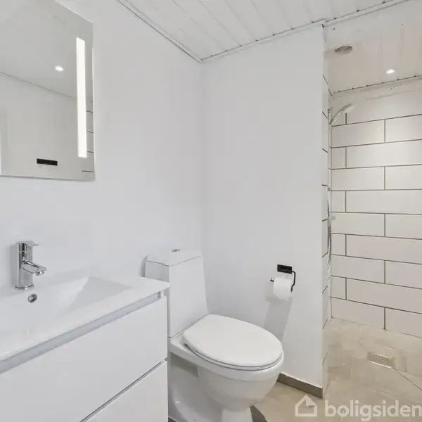 Et hvidt badeværelse med en håndvask og spejl til venstre, et toilet i midten, og en bruseniche med fliser til højre.