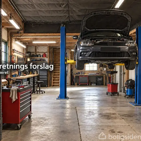 Bil hæves på lift i garage. Værktøjsborde og reoler fyldt med værktøj og udstyr omgiver rummet. Tekst: "Indretnings forslag AI-generet".