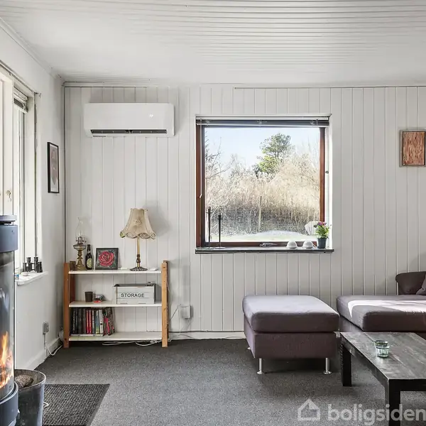 Stue med brændeovn tændt, ved siden af et vindue med udsigt til natur. En sofa står mod en væg med et lille bord foran. Hylde med lampe og bøger ved siden af.