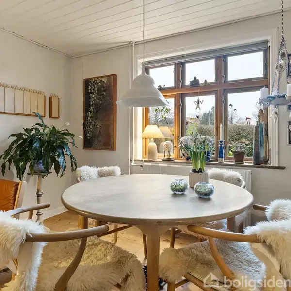 Rundt bord med hvide stole og lammeskind står i en stue med træmøbler. En stor plante og kunst på væggene skaber en hyggelig atmosfære ved vinduet med udsigt til en have.