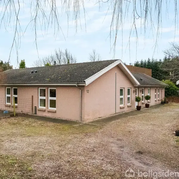 En lyserød enfamilieshus med tagstens tag står i en grusindkørsel. Foran huset er der placeret planter, og i baggrunden er der træer og buske. Nummer 12 ses på facaden.
