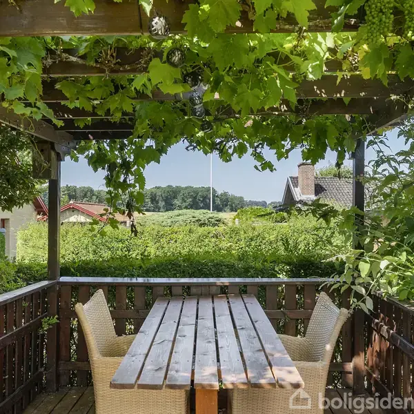 En træterrasse med et langt bord og fire stole. Vinstokke hænger fra en pergola over bordet. Terrassen er omgivet af grønne buske og træer, med et hus i baggrunden.