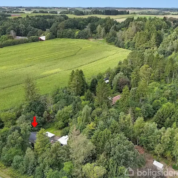 En hvid bygning markeret med en rød pil er delvist skjult af træer. Den ligger tæt på en landevej i et grønt landskab omgivet af skov og marker.