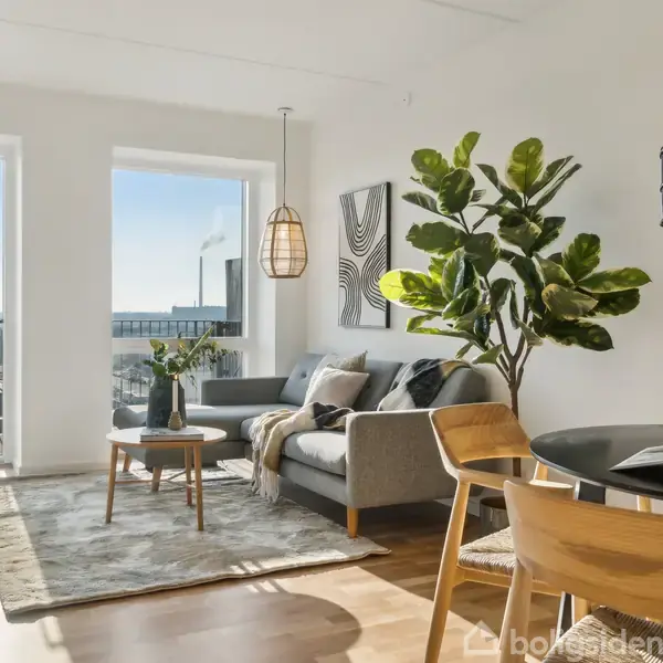 En stue med en grå sofa med puder, et sofabord og en stor grøn plante. Området er lyst med store vinduer, der ser ud mod en solrig balkon.