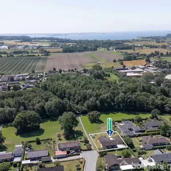Et parcelhuskvarter markeret med en pil ses fra luften, omgivet af skov og marker, med en fjord i baggrunden under en klar himmel.