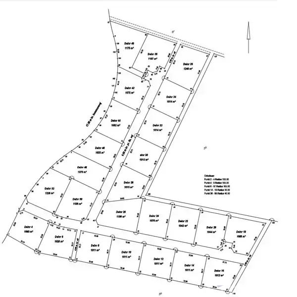 Kort over et planlagt boligområde viser 22 numre "Del nr." på separate parceller med arealmål i kvadratmeter. Parcelgrænser og tilstødende vej benævnt "Venøvej" er markeret på kortet.