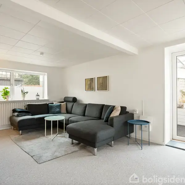 En mørkegrå sofa står i en stue med lyse vægge og gulv. En dør fører ud til en terrasse med planter. Et tv står til venstre, og vinduer lukker lys ind.